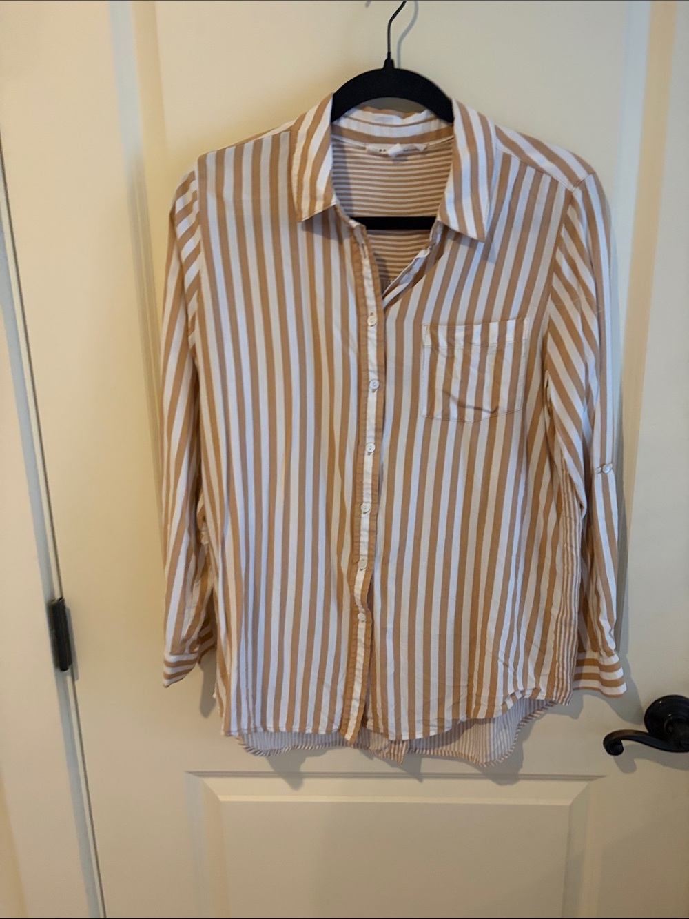 Jane and Delancey White & Tan Striped Button-Up Blouse